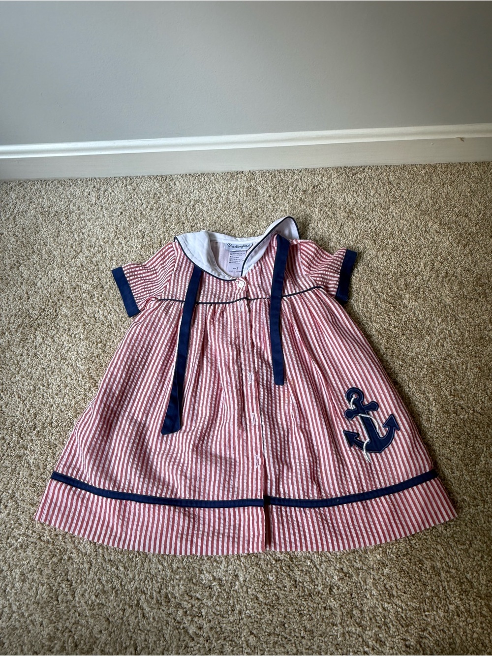 Girls' Red & White Striped Sailor Dress with Navy Trim